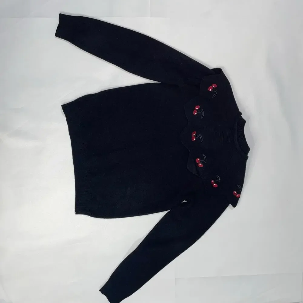 Girls Black Cardigan Sweater with Cherry Peter Pan Collar Tie Neck Size 12‎